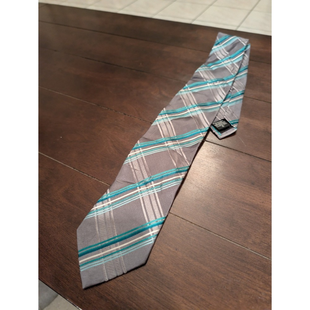 George Men's Tie Teal Gray White Plaid Design Polyester